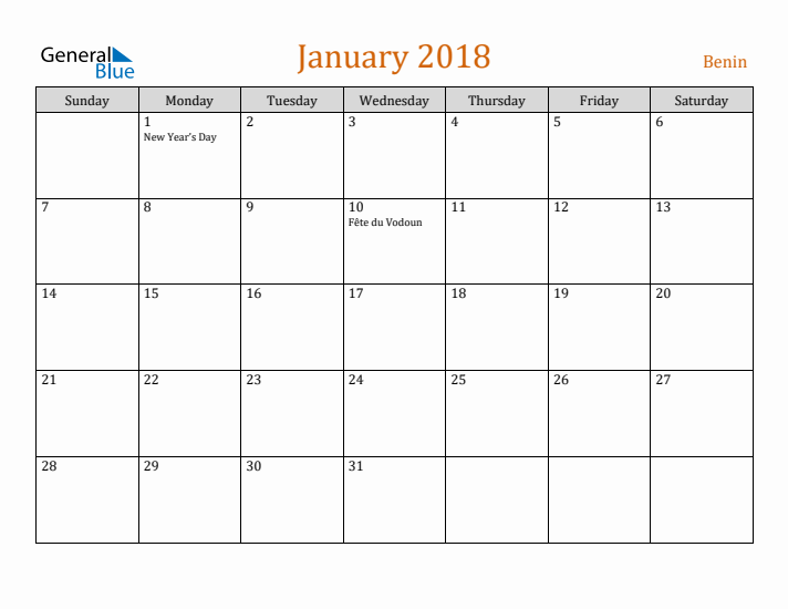 January 2018 Holiday Calendar with Sunday Start