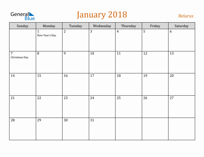 January 2018 Holiday Calendar with Sunday Start