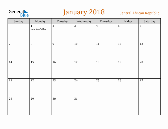 January 2018 Holiday Calendar with Sunday Start