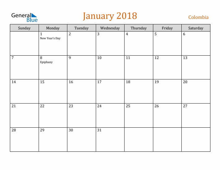 January 2018 Holiday Calendar with Sunday Start