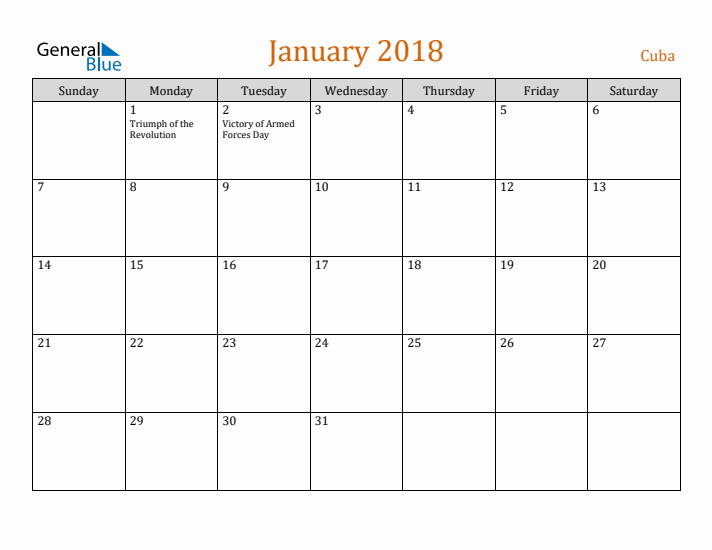 January 2018 Holiday Calendar with Sunday Start