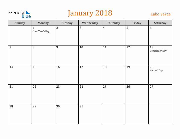 January 2018 Holiday Calendar with Sunday Start