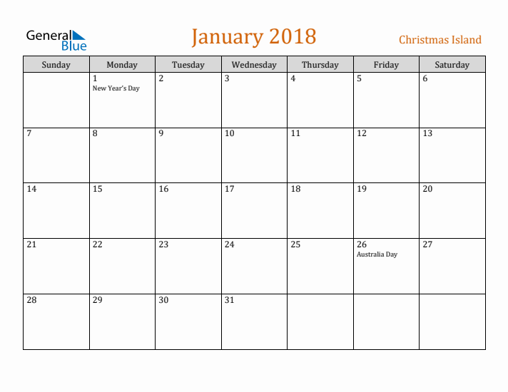 January 2018 Holiday Calendar with Sunday Start