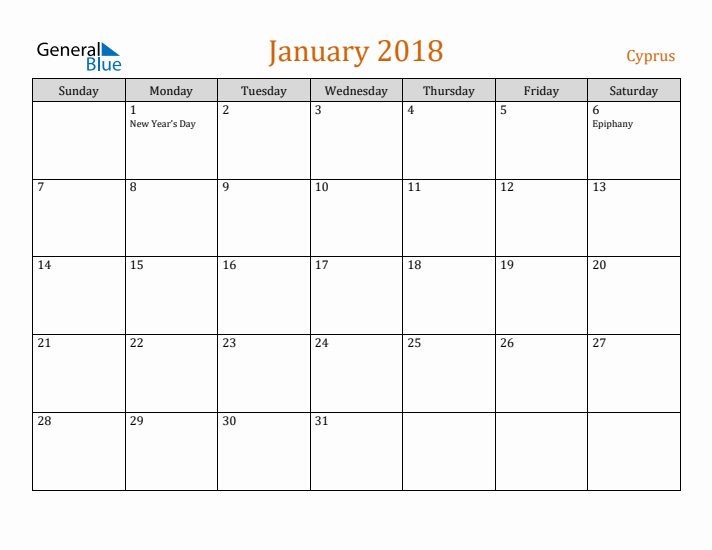 January 2018 Holiday Calendar with Sunday Start