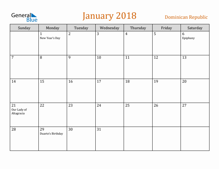 January 2018 Holiday Calendar with Sunday Start