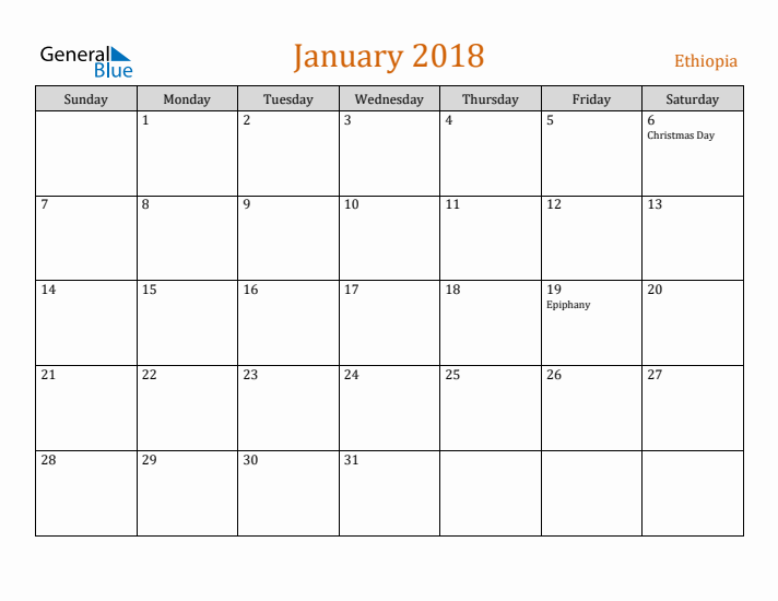 January 2018 Holiday Calendar with Sunday Start