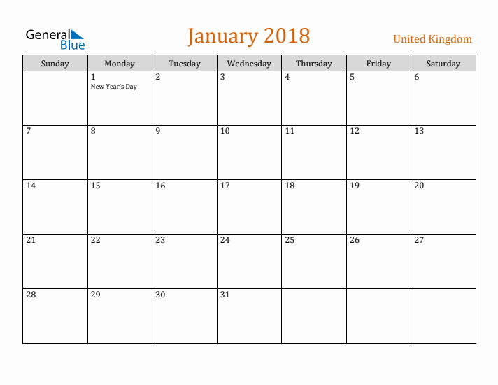 January 2018 Holiday Calendar with Sunday Start