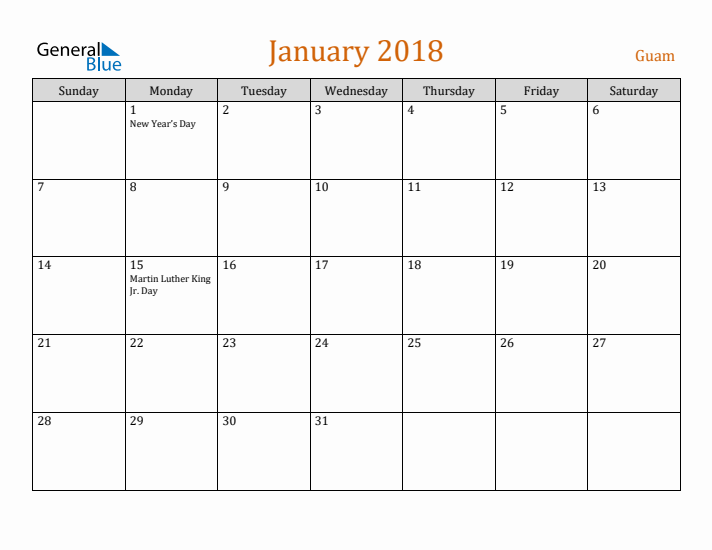 January 2018 Holiday Calendar with Sunday Start