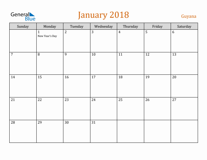 January 2018 Holiday Calendar with Sunday Start