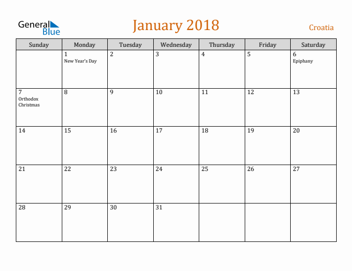 January 2018 Holiday Calendar with Sunday Start