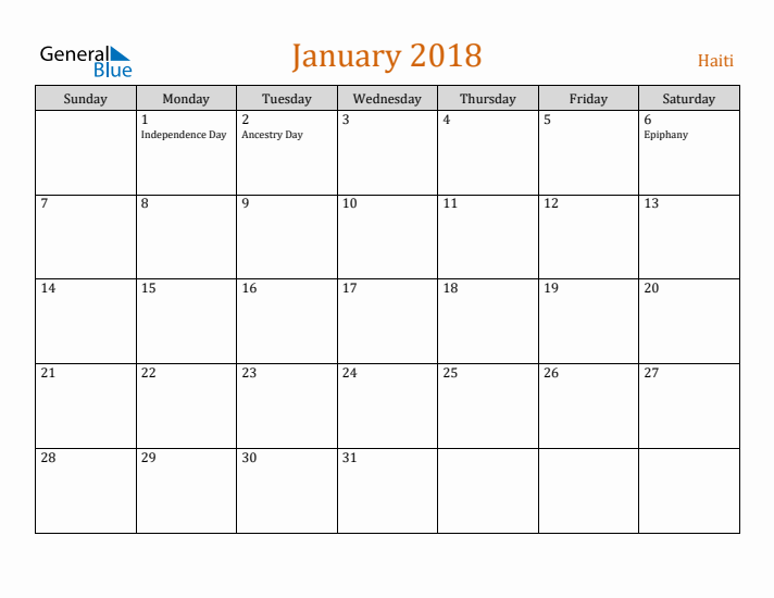 January 2018 Holiday Calendar with Sunday Start