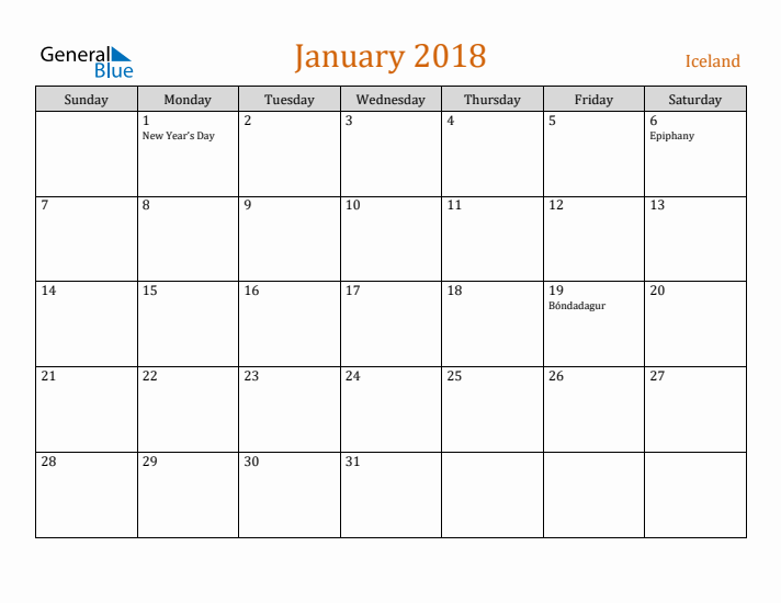 January 2018 Holiday Calendar with Sunday Start