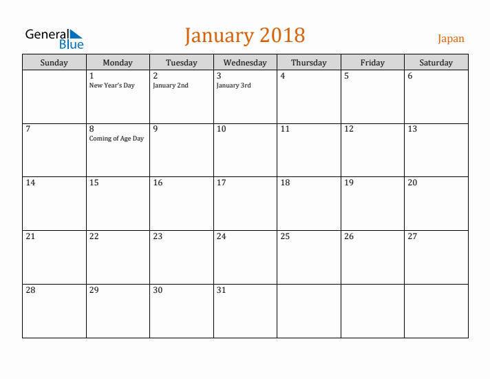 January 2018 Holiday Calendar with Sunday Start