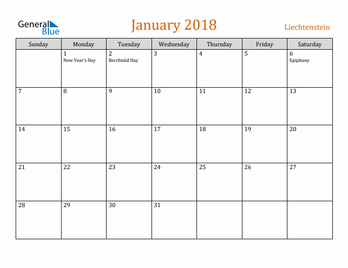 January 2018 Holiday Calendar with Sunday Start