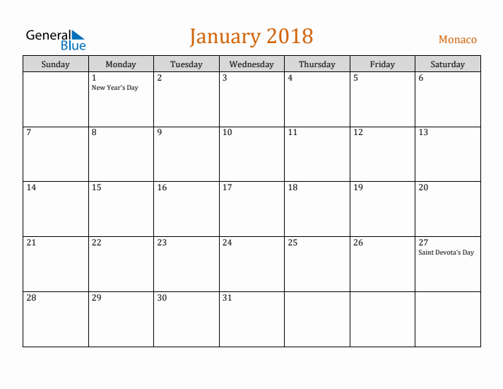 January 2018 Holiday Calendar with Sunday Start