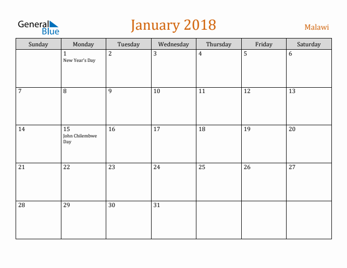 January 2018 Holiday Calendar with Sunday Start