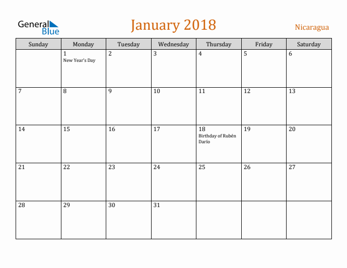 January 2018 Holiday Calendar with Sunday Start