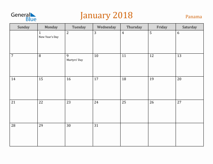 January 2018 Holiday Calendar with Sunday Start