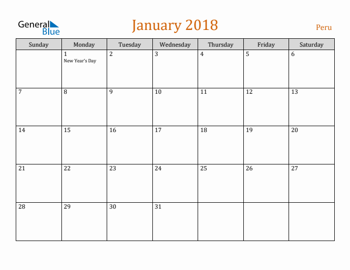 January 2018 Holiday Calendar with Sunday Start