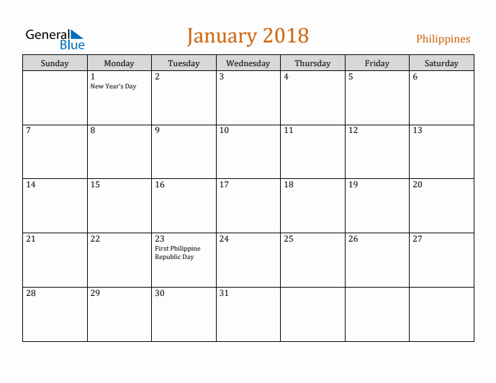 January 2018 Holiday Calendar with Sunday Start