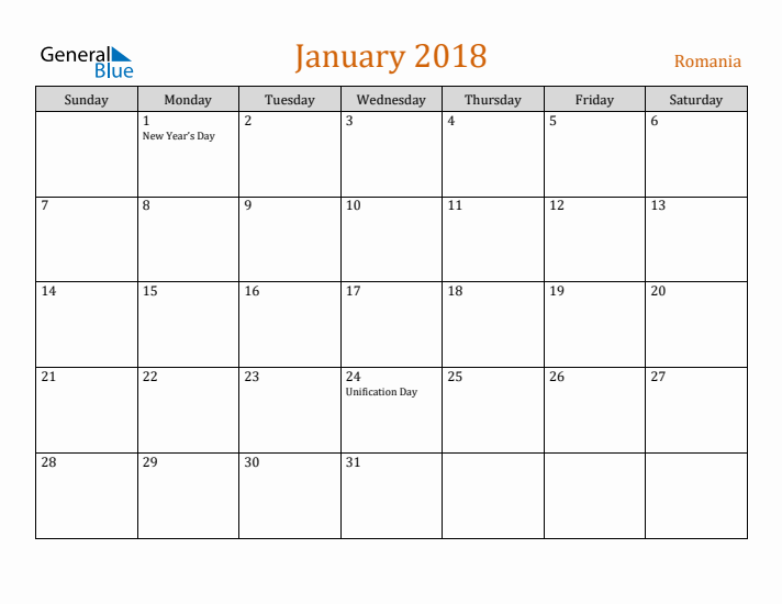 January 2018 Holiday Calendar with Sunday Start