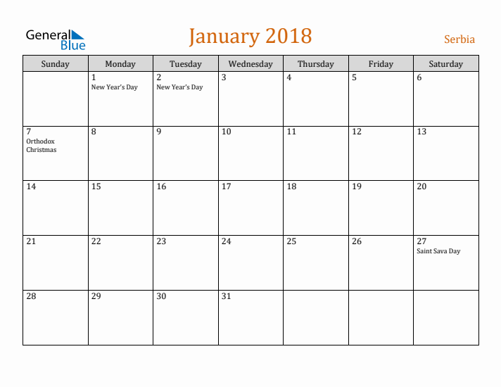 January 2018 Holiday Calendar with Sunday Start