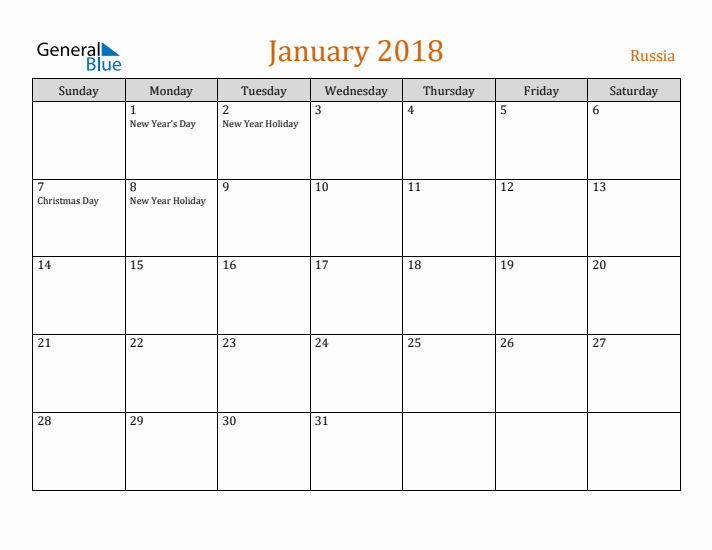 January 2018 Holiday Calendar with Sunday Start