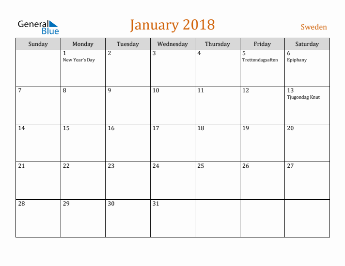 January 2018 Holiday Calendar with Sunday Start