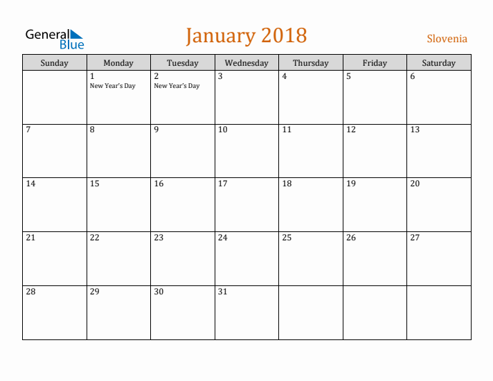 January 2018 Holiday Calendar with Sunday Start