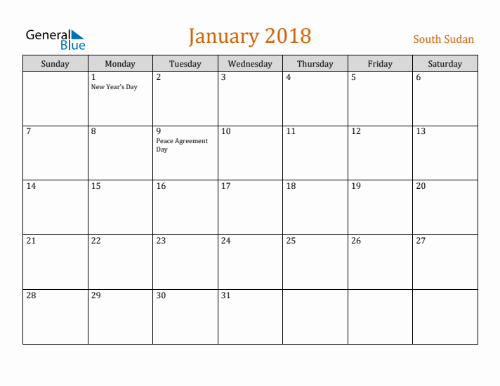 January 2018 Holiday Calendar with Sunday Start