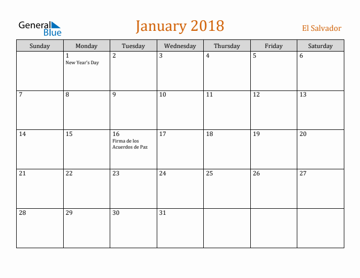 January 2018 Holiday Calendar with Sunday Start