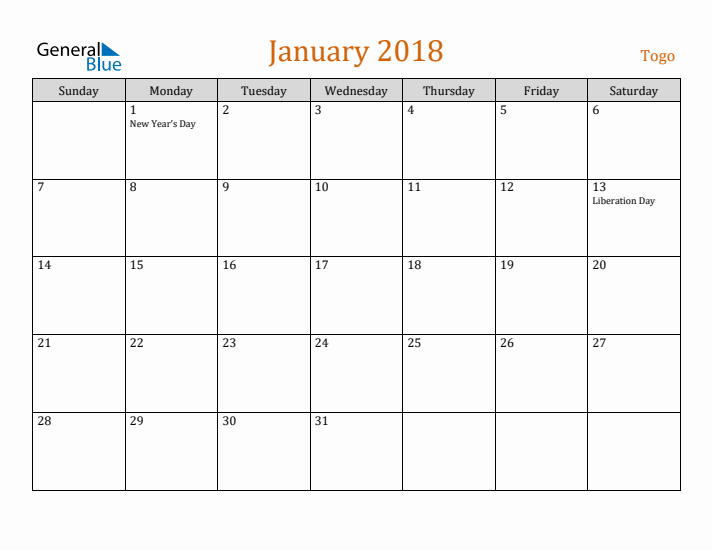 January 2018 Holiday Calendar with Sunday Start