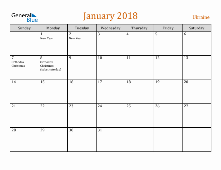 January 2018 Holiday Calendar with Sunday Start