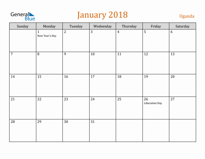 January 2018 Holiday Calendar with Sunday Start