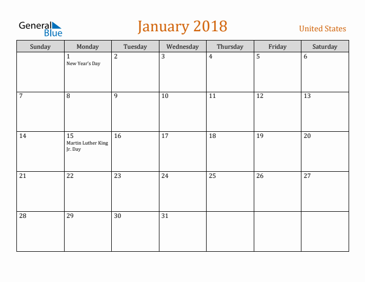 January 2018 Holiday Calendar with Sunday Start