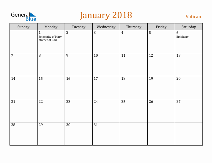 January 2018 Holiday Calendar with Sunday Start