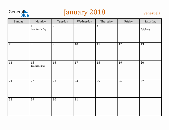 January 2018 Holiday Calendar with Sunday Start