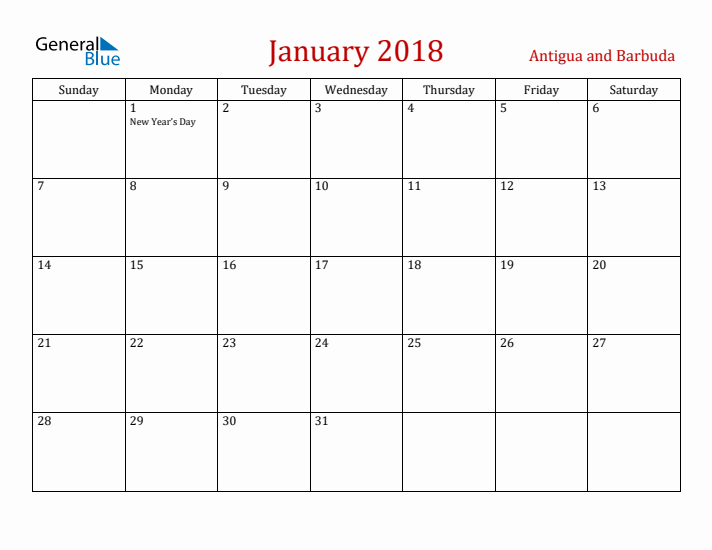 Antigua and Barbuda January 2018 Calendar - Sunday Start