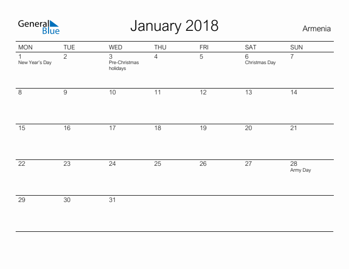 Printable January 2018 Calendar for Armenia