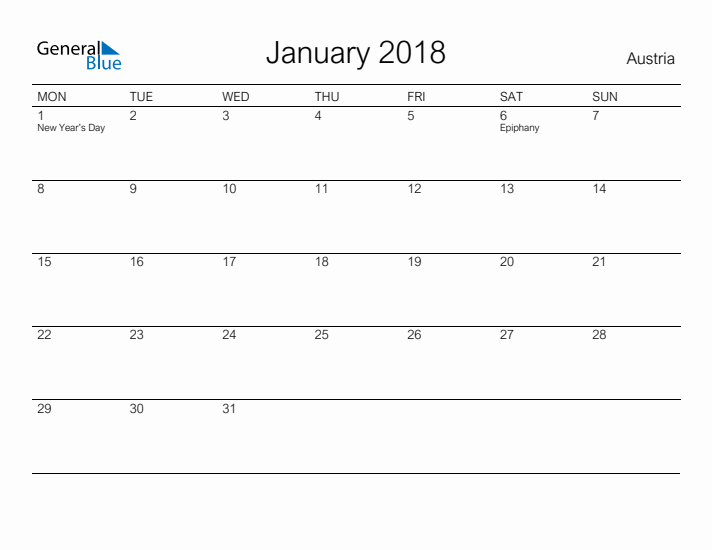 Printable January 2018 Calendar for Austria