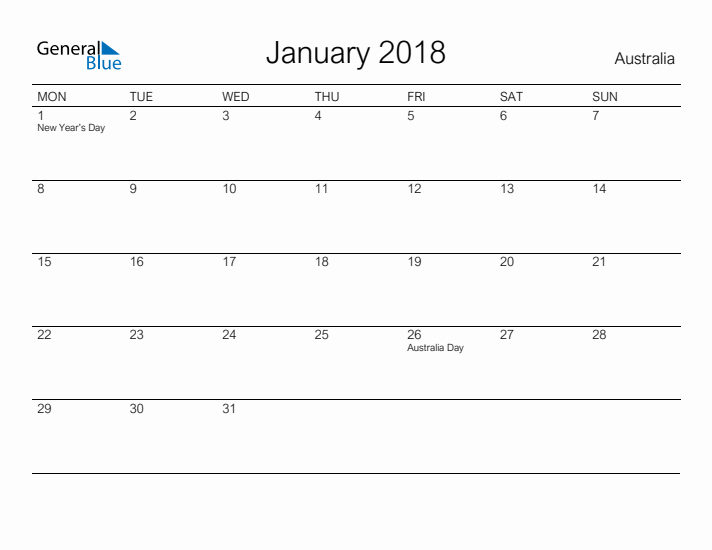 Printable January 2018 Calendar for Australia