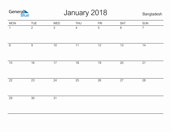 Printable January 2018 Calendar for Bangladesh