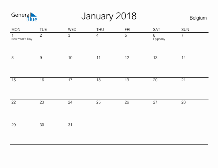 Printable January 2018 Calendar for Belgium