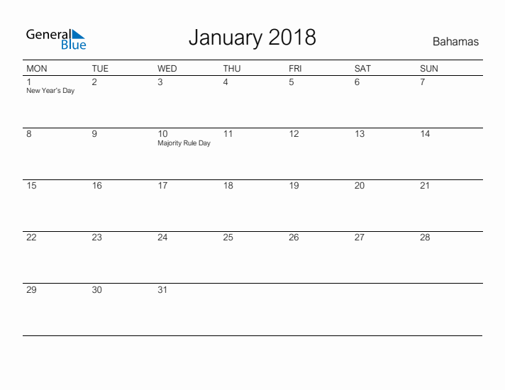 Printable January 2018 Calendar for Bahamas