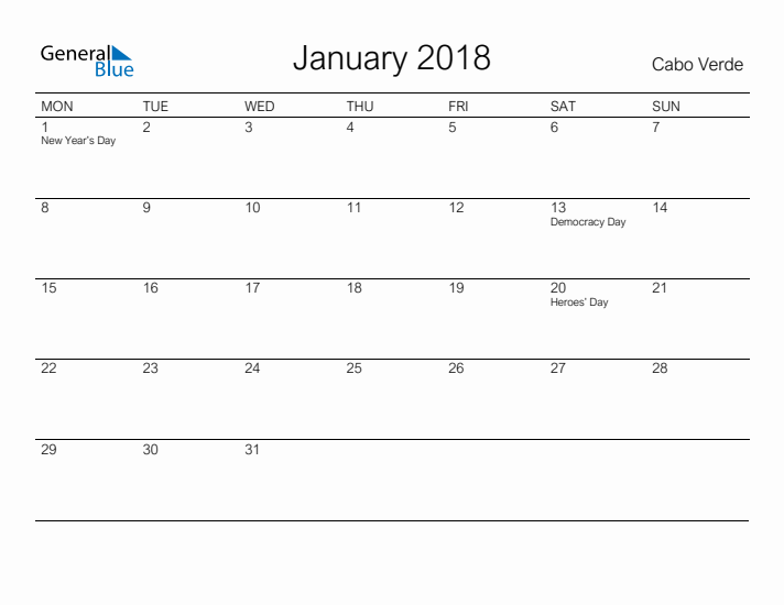 Printable January 2018 Calendar for Cabo Verde