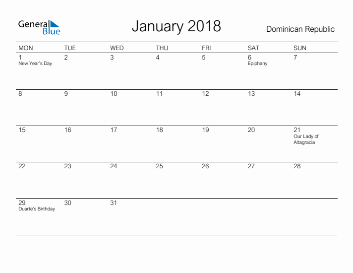 Printable January 2018 Calendar for Dominican Republic