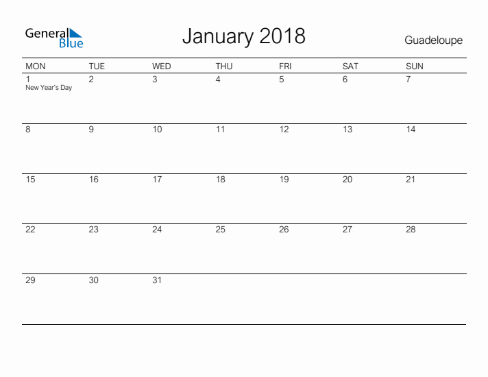 Printable January 2018 Calendar for Guadeloupe