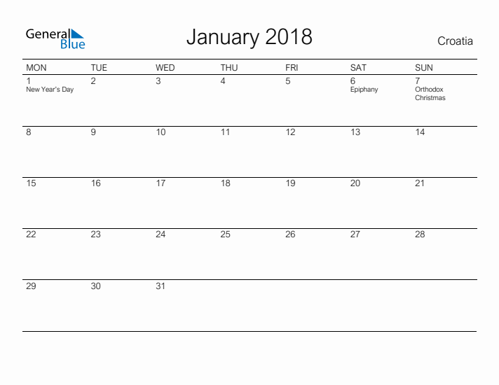 Printable January 2018 Calendar for Croatia