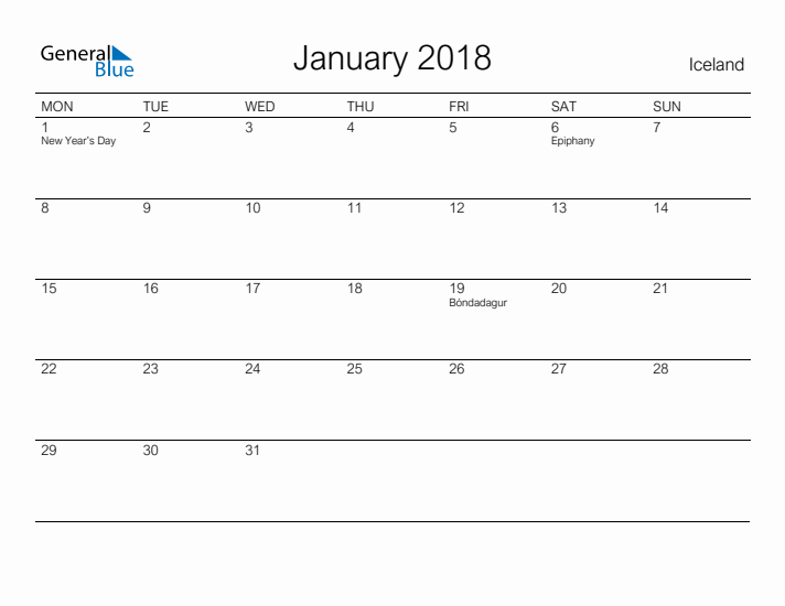 Printable January 2018 Calendar for Iceland