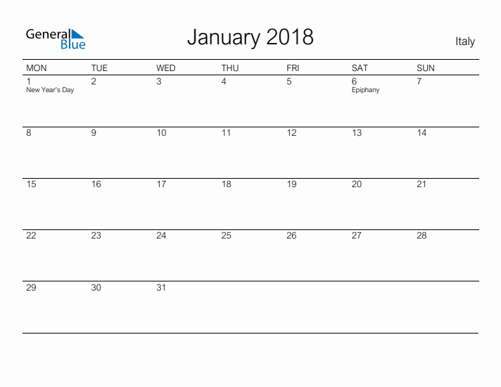 Printable January 2018 Calendar for Italy